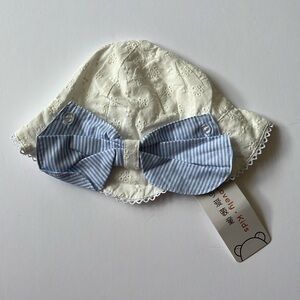 Lovely Kids Eyelet Sun Bucket Hat for Girls Blue Bow, New with tag